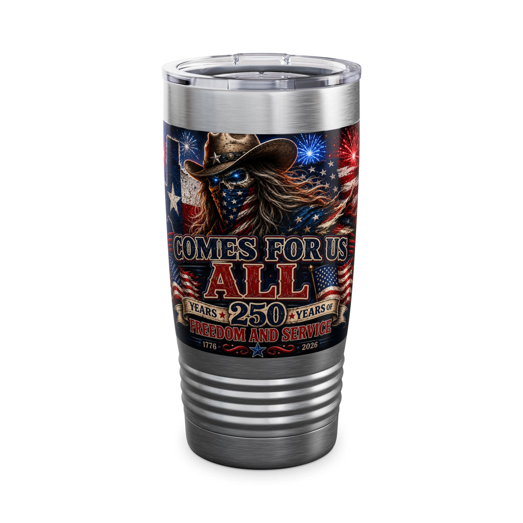 20oz Patriotic Texas Tumbler — 'Comes For Us All' Fireworks Cowboy Design