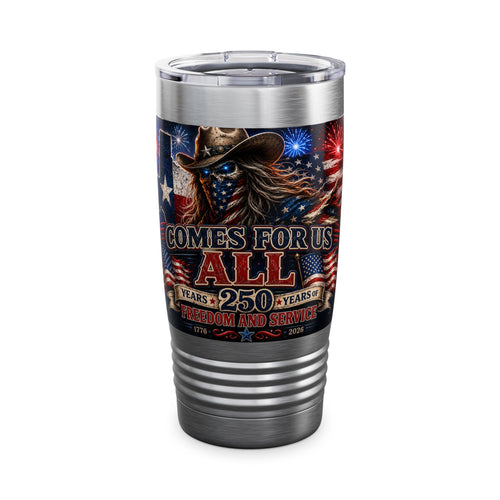 20oz Patriotic Texas Tumbler — 'Comes For Us All' Fireworks Cowboy Design