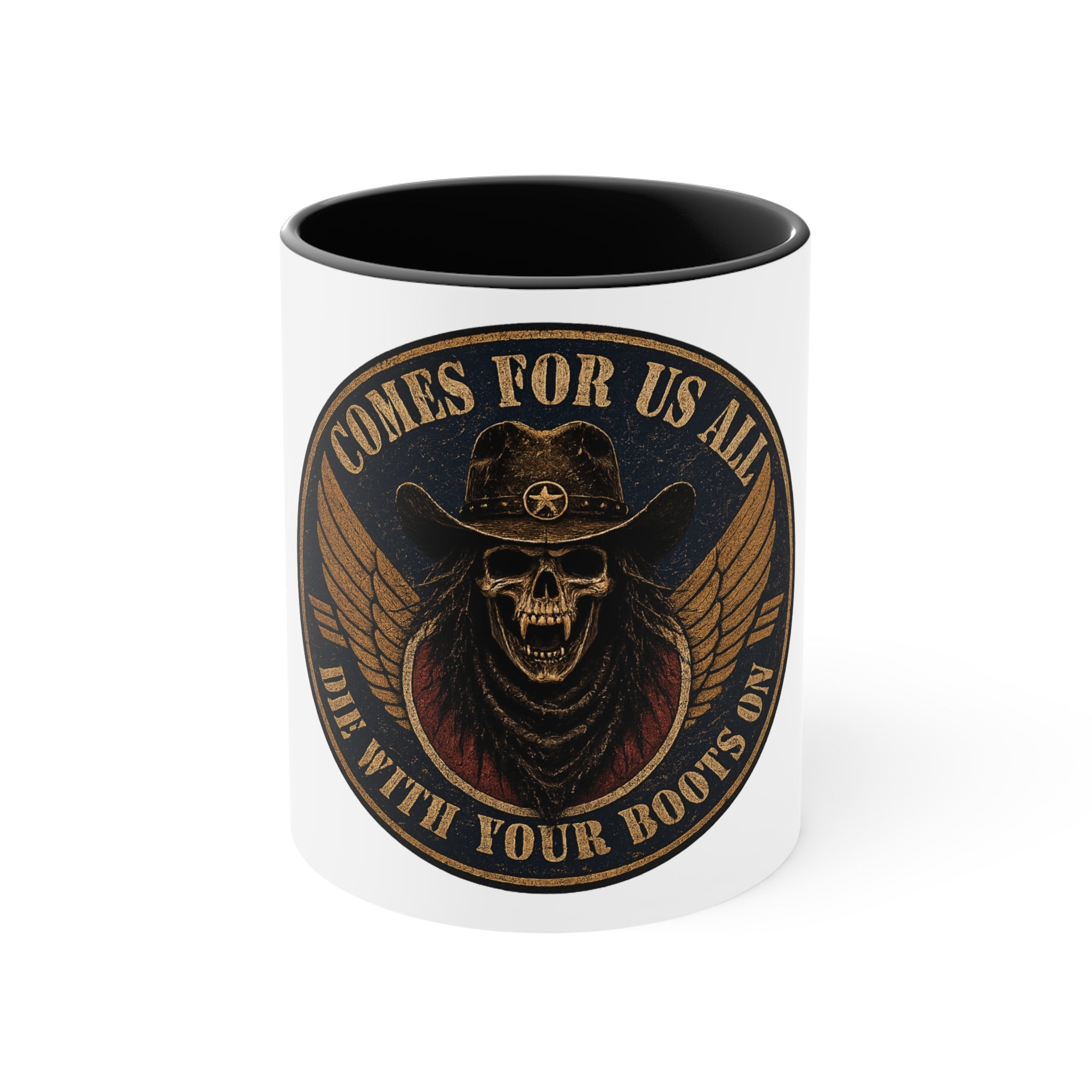 Skull Cowboy Accent Mug — "Comes For Us All" Gothic Biker Coffee Cup