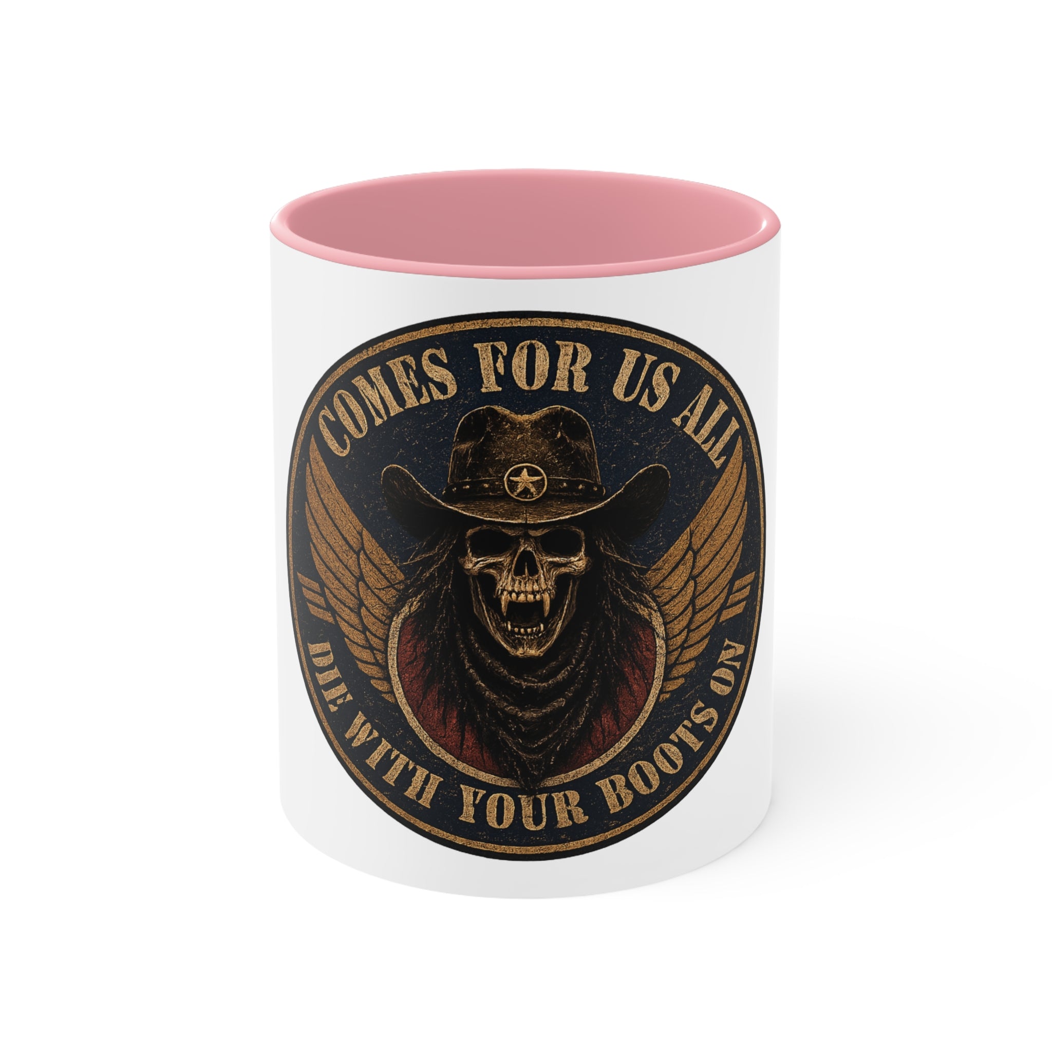 Skull Cowboy Accent Mug — "Comes For Us All" Gothic Biker Coffee Cup
