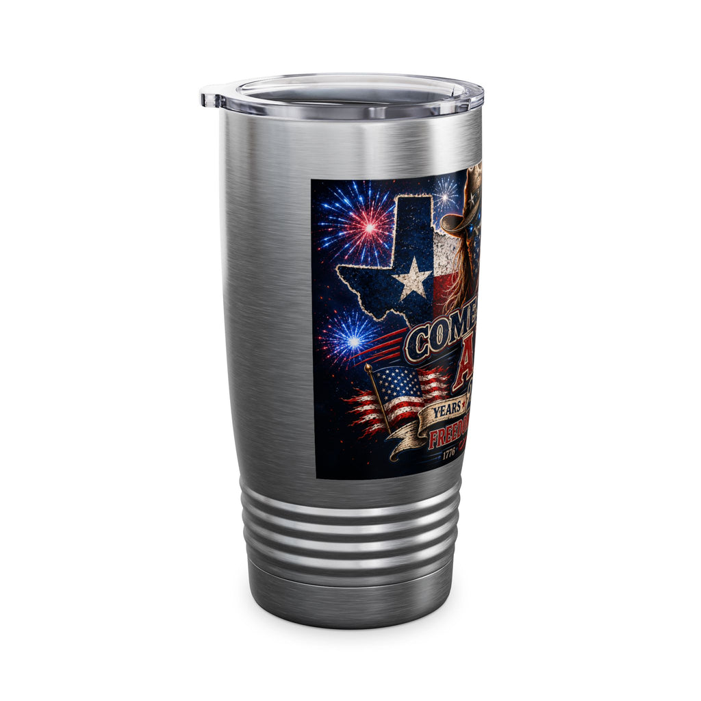 20oz Patriotic Texas Tumbler — 'Comes For Us All' Fireworks Cowboy Design
