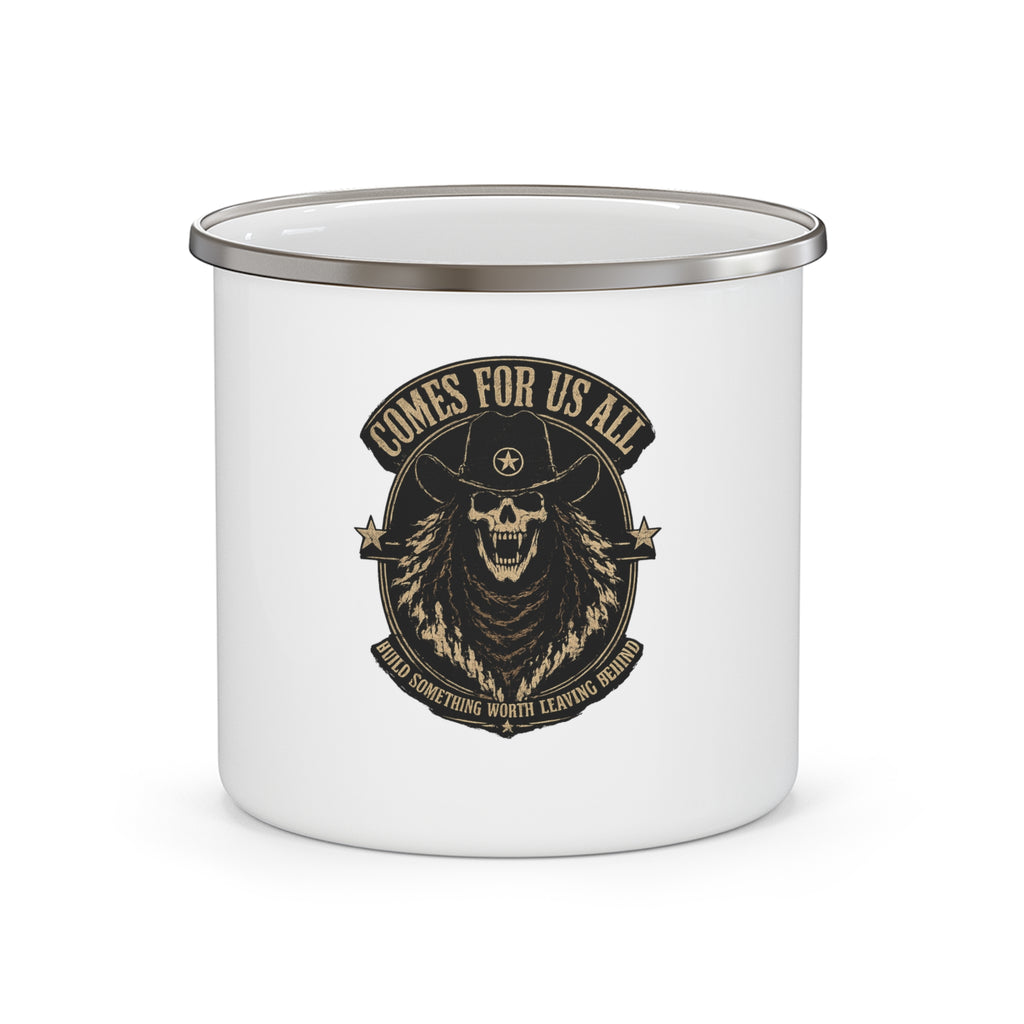 Enamel Mug — 'Comes For Us All' Skull Cowboy Camping Cup