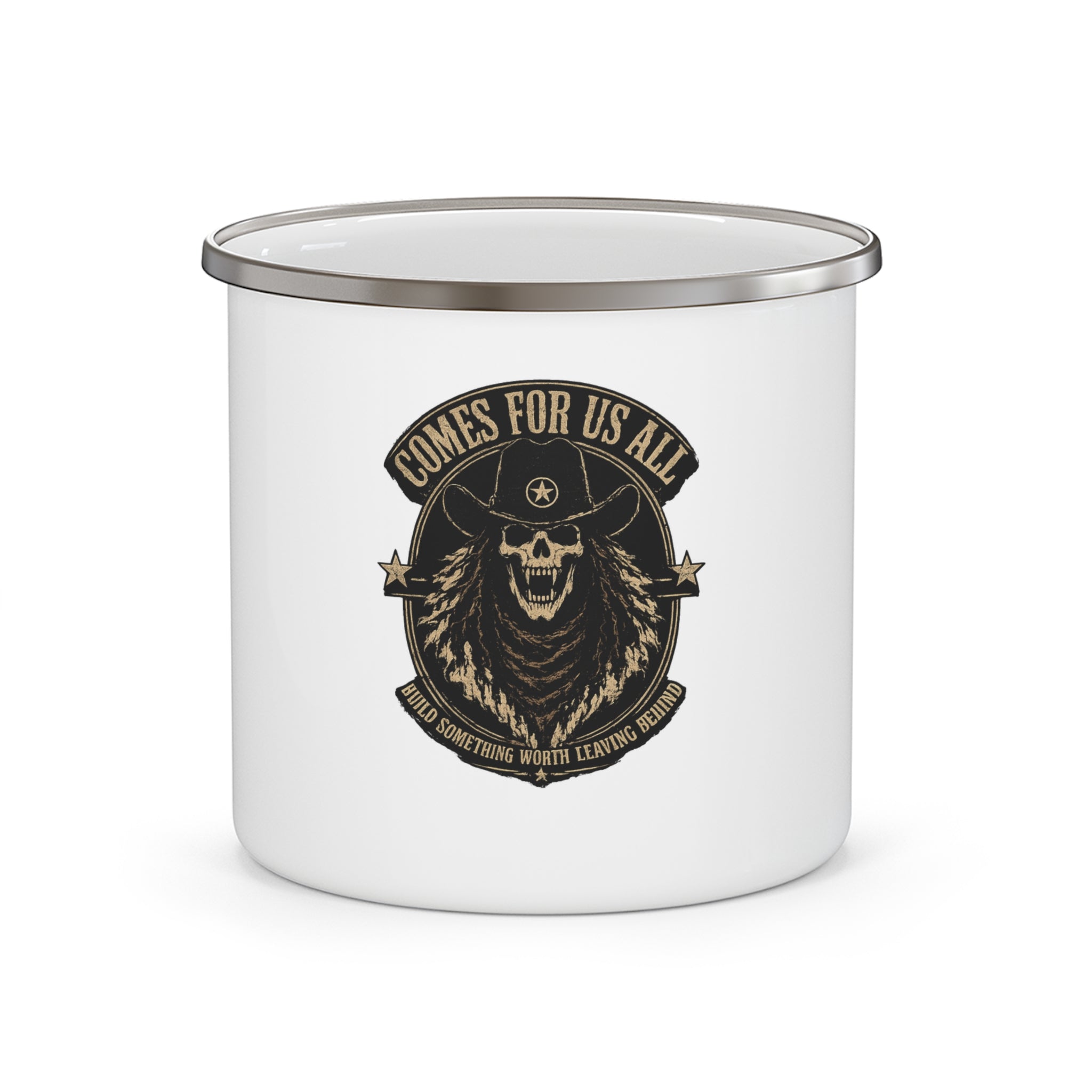 Enamel Mug — 'Comes For Us All' Skull Cowboy Camping Cup