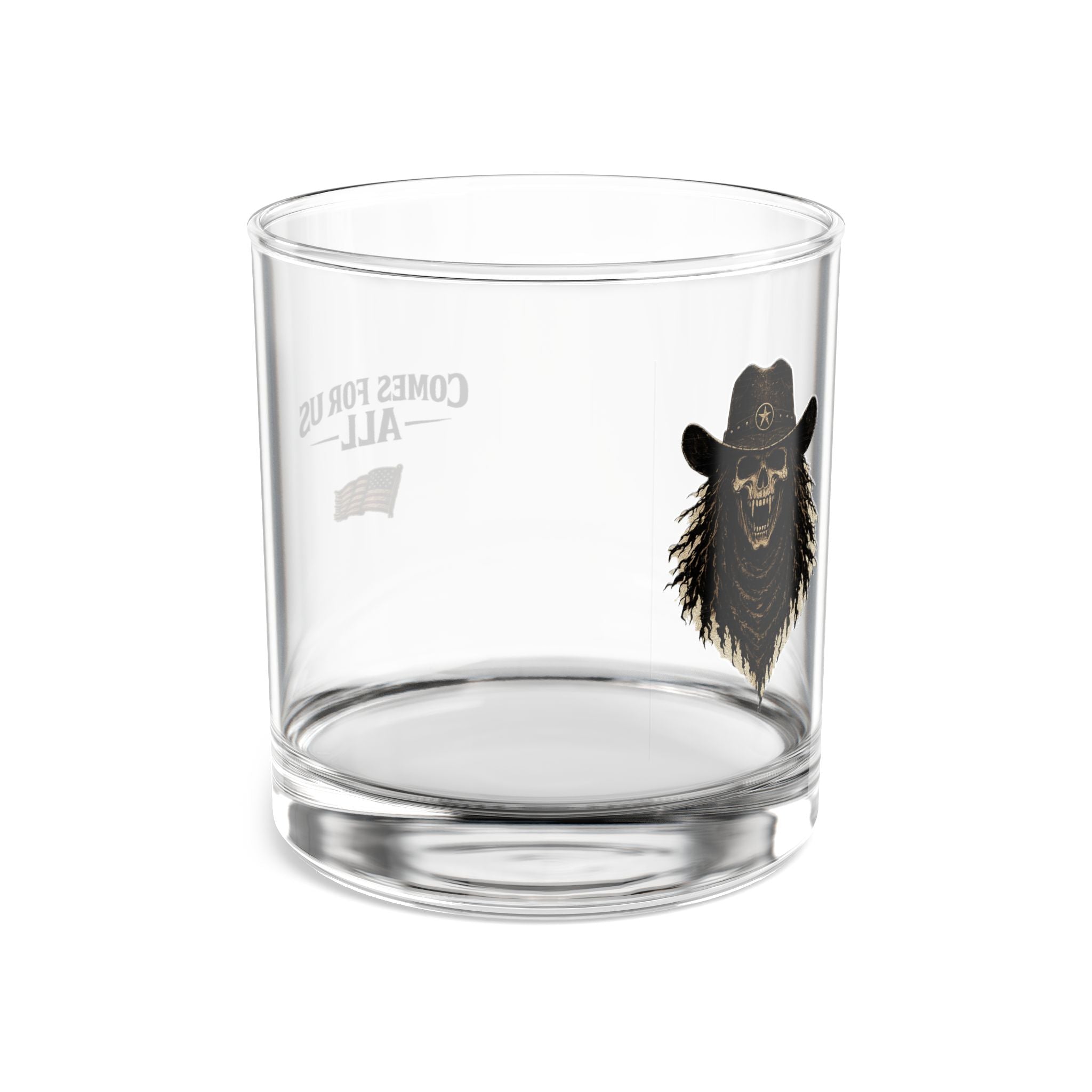 10oz Whiskey Rocks Glass – 'Comes For Us All' Patriotic Cowboy Skull Design