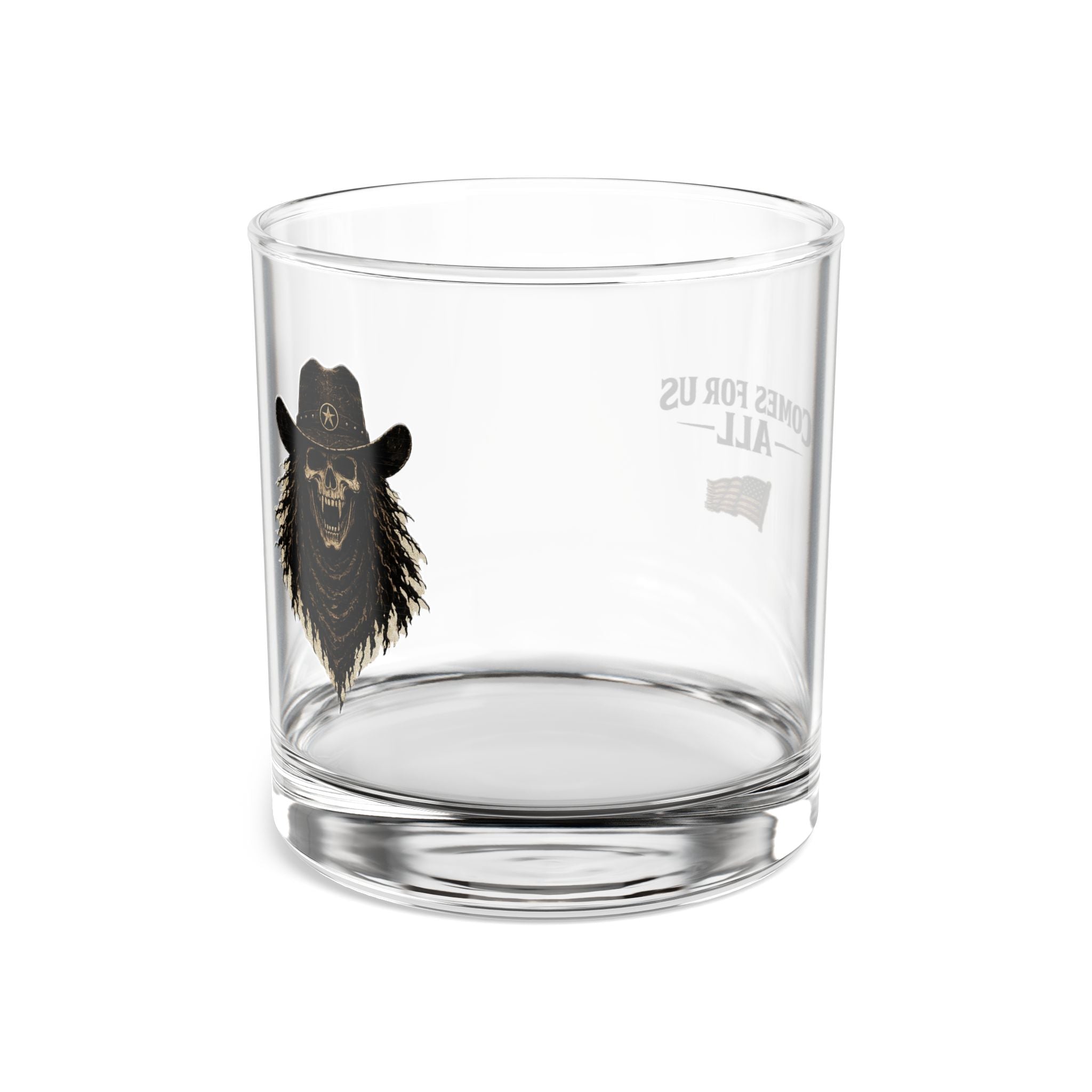 10oz Whiskey Rocks Glass – 'Comes For Us All' Patriotic Cowboy Skull Design