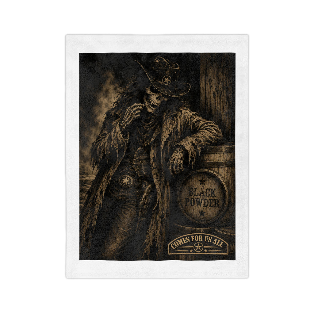 Western Skeleton Cowboy Blanket — "Black Powder - Comes for Us All" Velveteen Throw