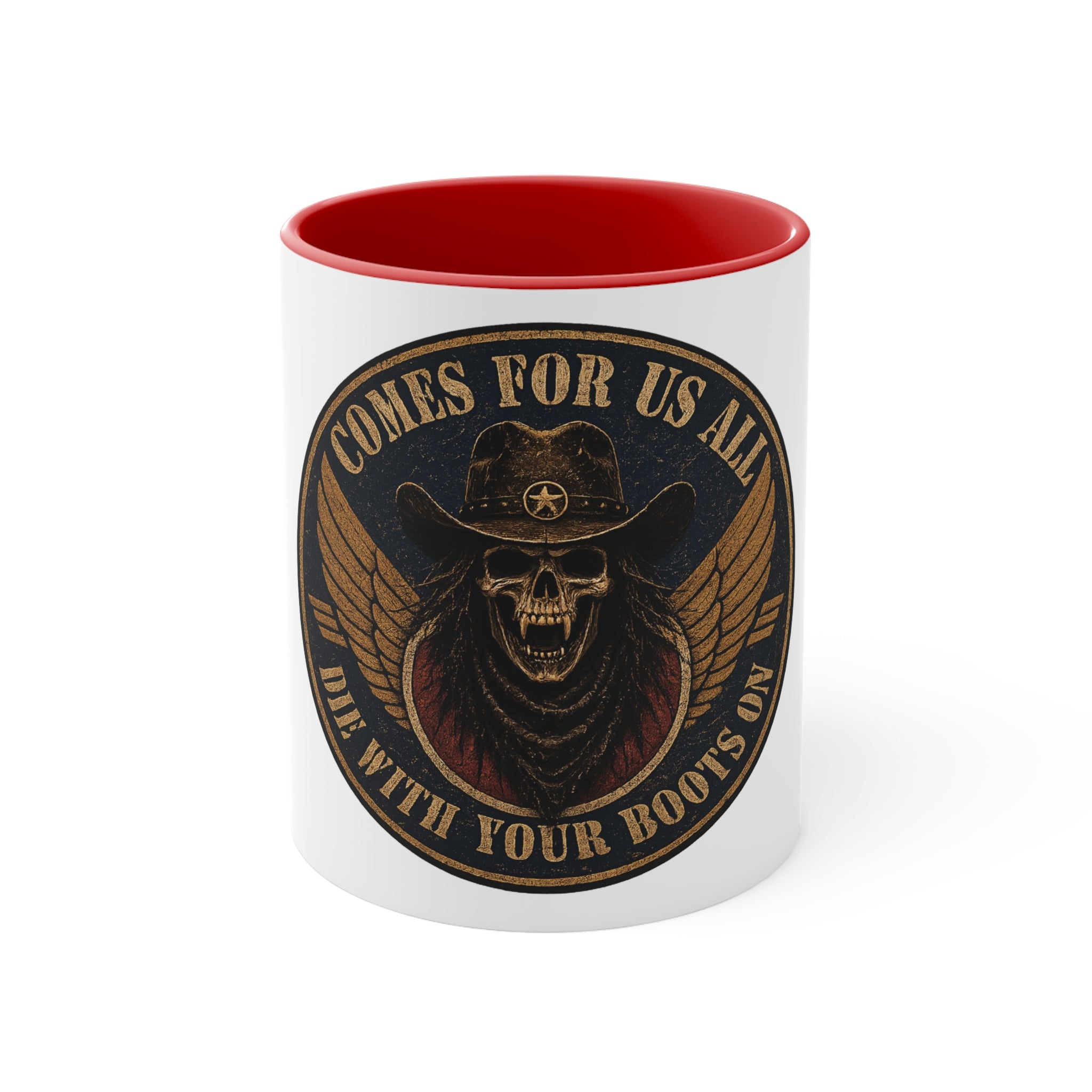 Skull Cowboy Accent Mug — "Comes For Us All" Gothic Biker Coffee Cup