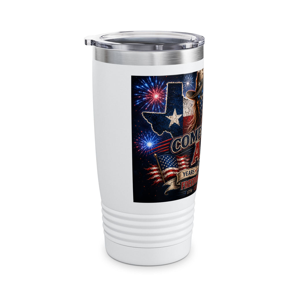 20oz Patriotic Texas Tumbler — 'Comes For Us All' Fireworks Cowboy Design