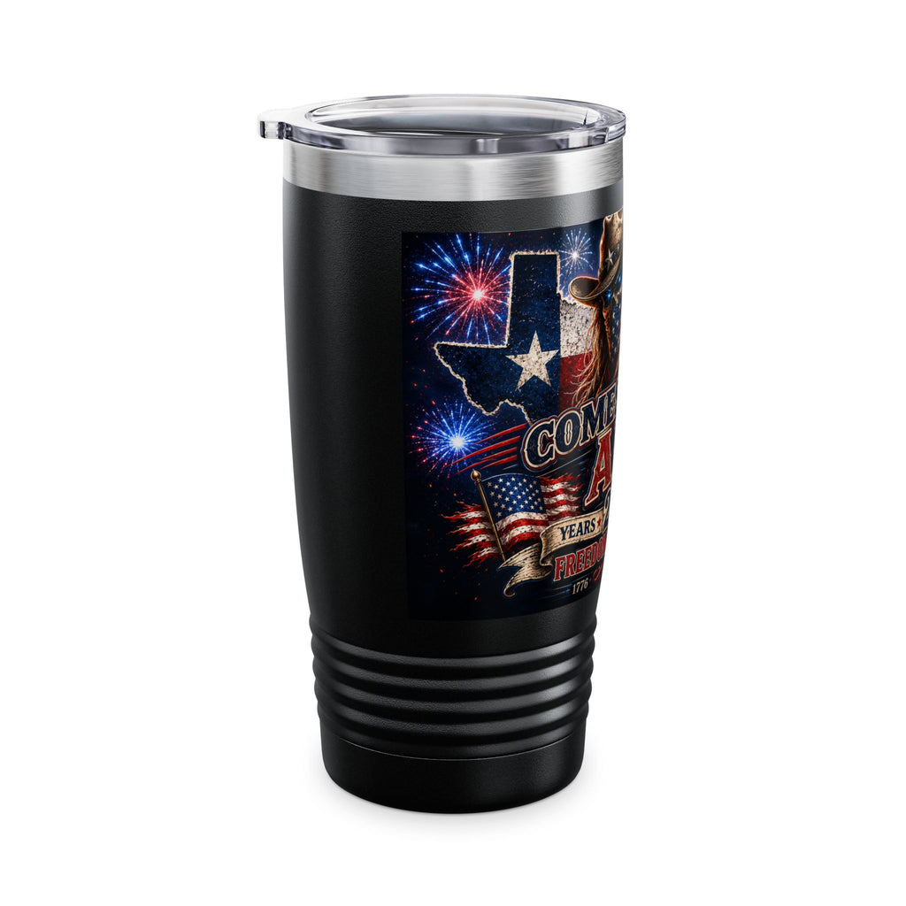 20oz Patriotic Texas Tumbler — 'Comes For Us All' Fireworks Cowboy Design