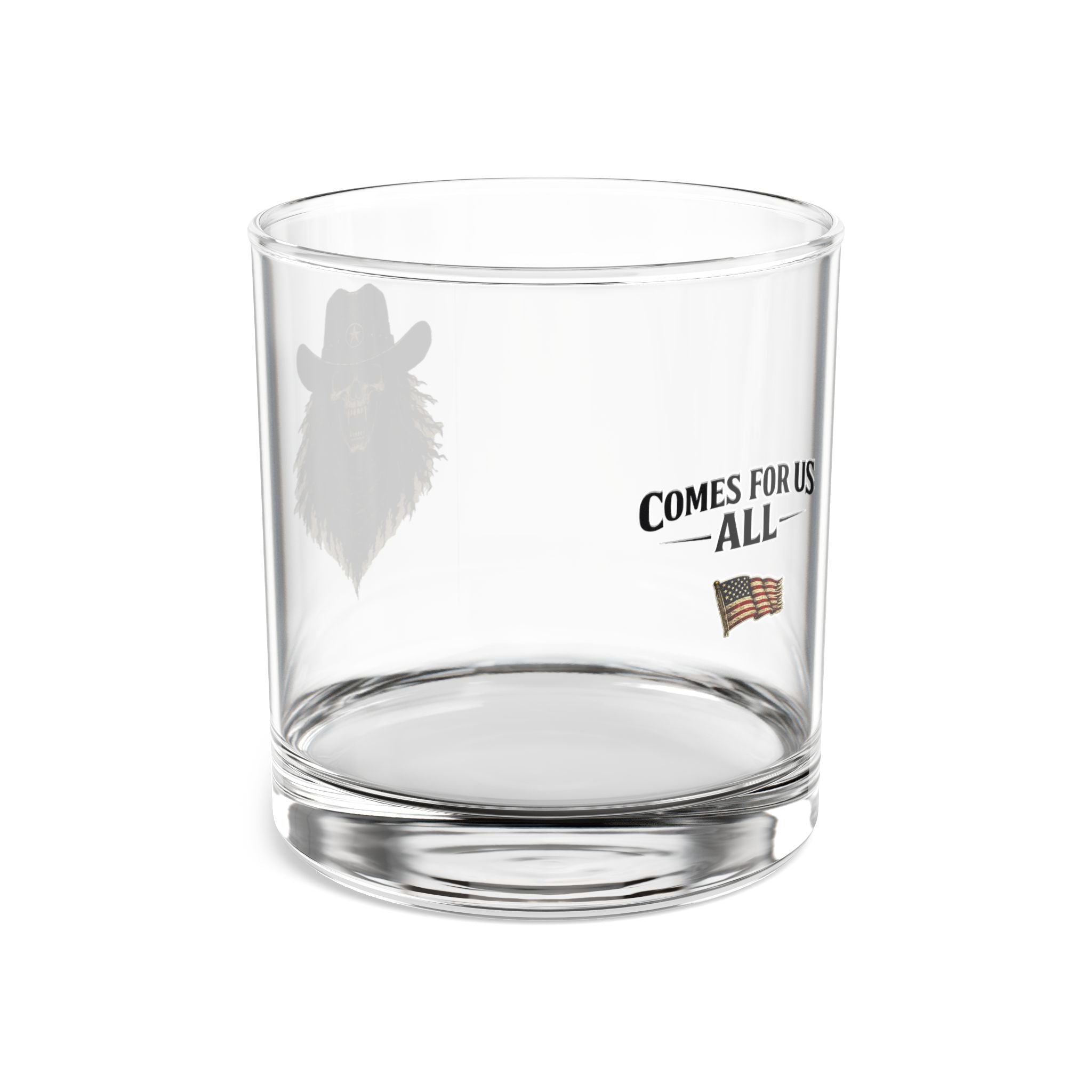 10oz Whiskey Rocks Glass – 'Comes For Us All' Patriotic Cowboy Skull Design
