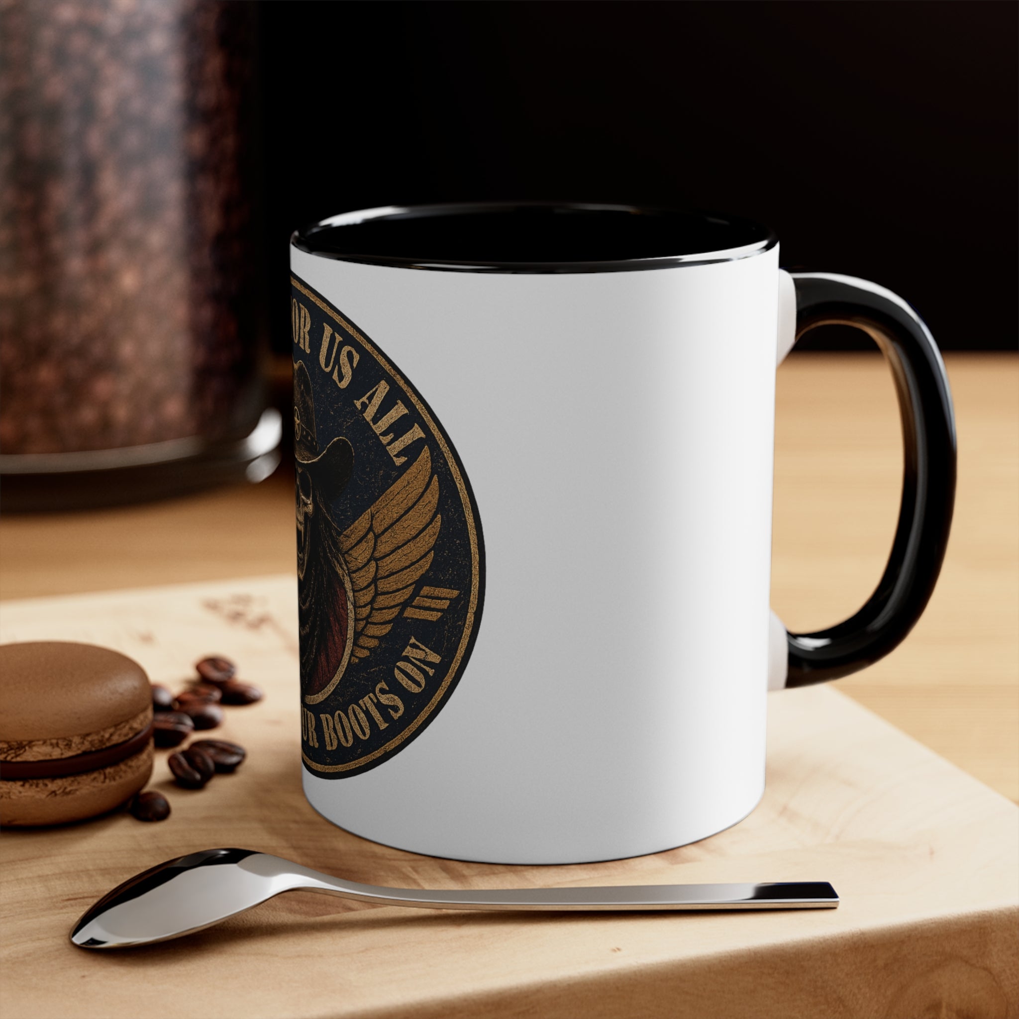 Skull Cowboy Accent Mug — "Comes For Us All" Gothic Biker Coffee Cup